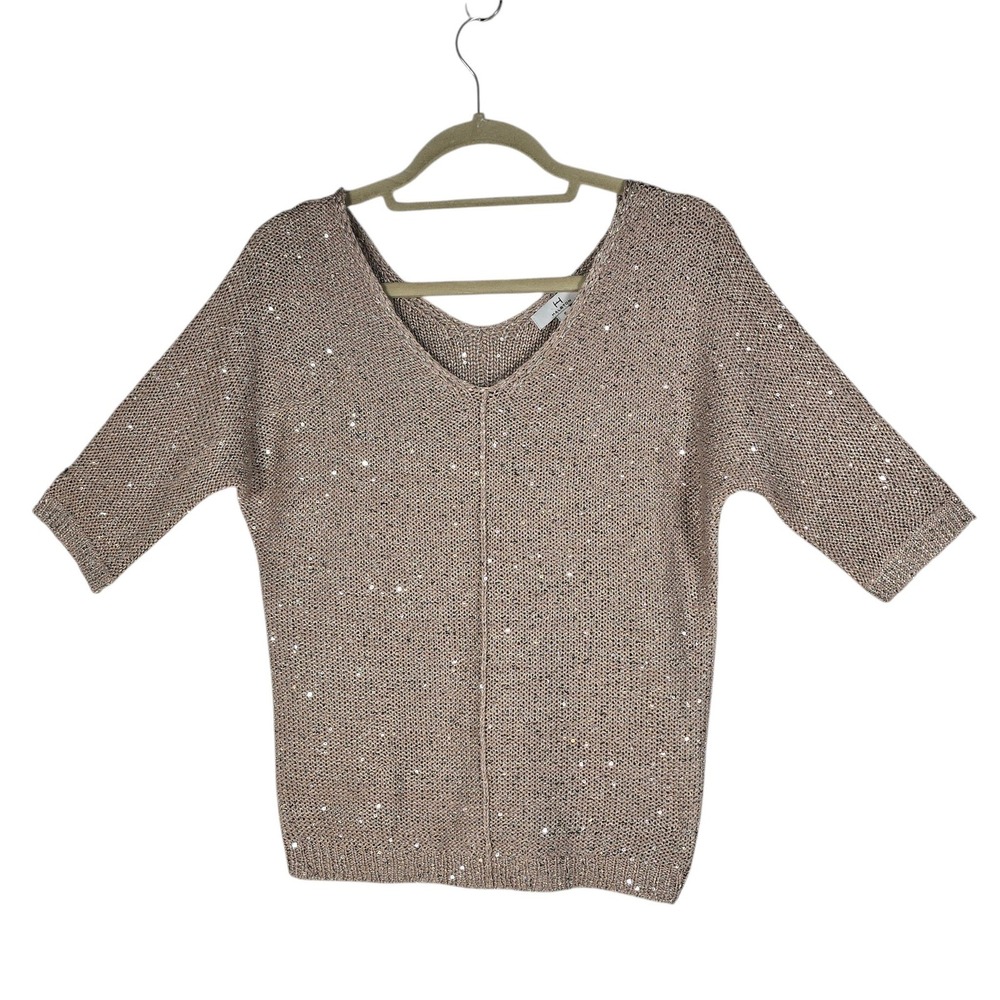 Halston Heritage Womens Sequin V-Neck Knit Top Champagne Taupe Metallic Small